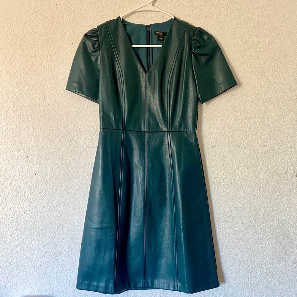 Ann Taylor Green Puff Sleeve A-line Midi Faux Leather Dress